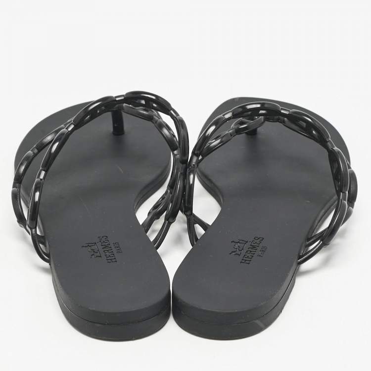 Pre Owned Hermes Black Rubber Island Flat Sandals Size 39