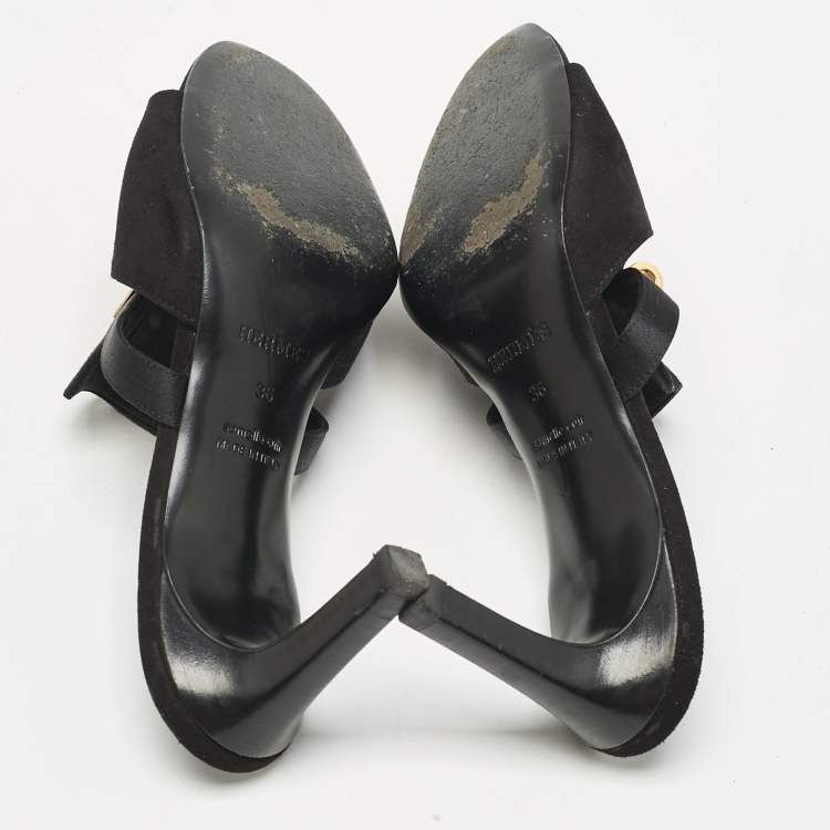 Pre Owned Hermes Black Suede Cute Mule Sandals Size 36