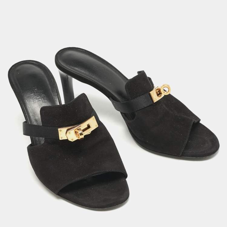 Pre Owned Hermes Black Suede Cute Mule Sandals Size 36