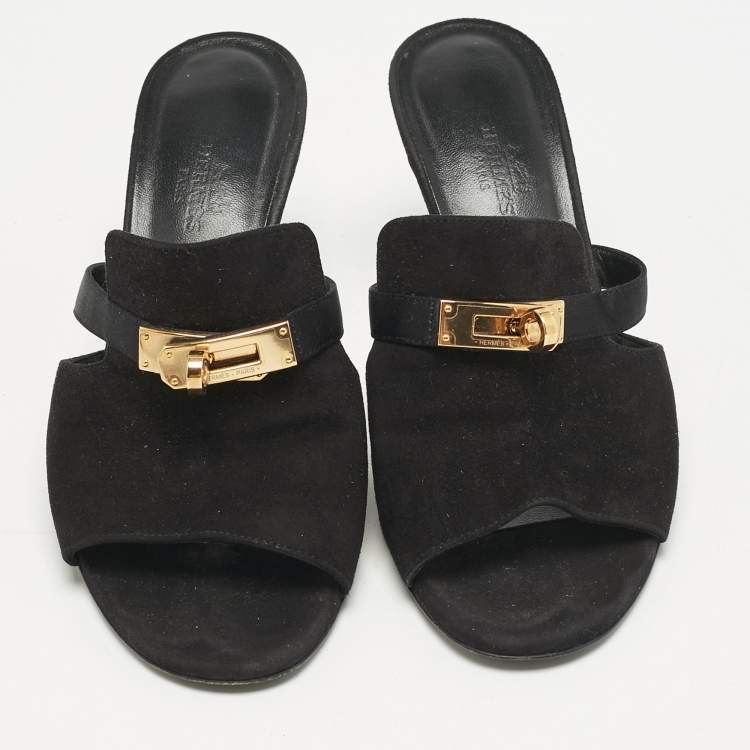 Pre Owned Hermes Black Suede Cute Mule Sandals Size 36