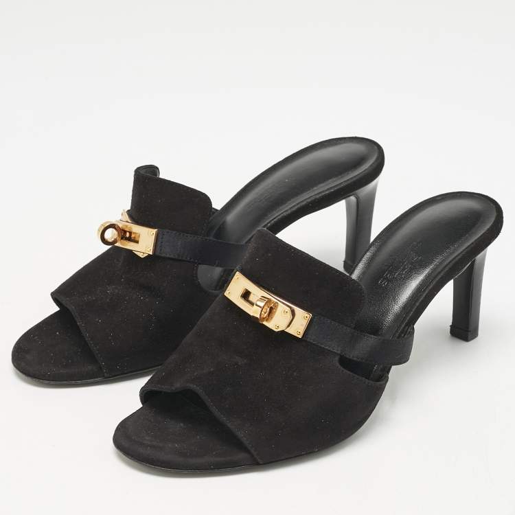 Pre Owned Hermes Black Suede Cute Mule Sandals Size 36