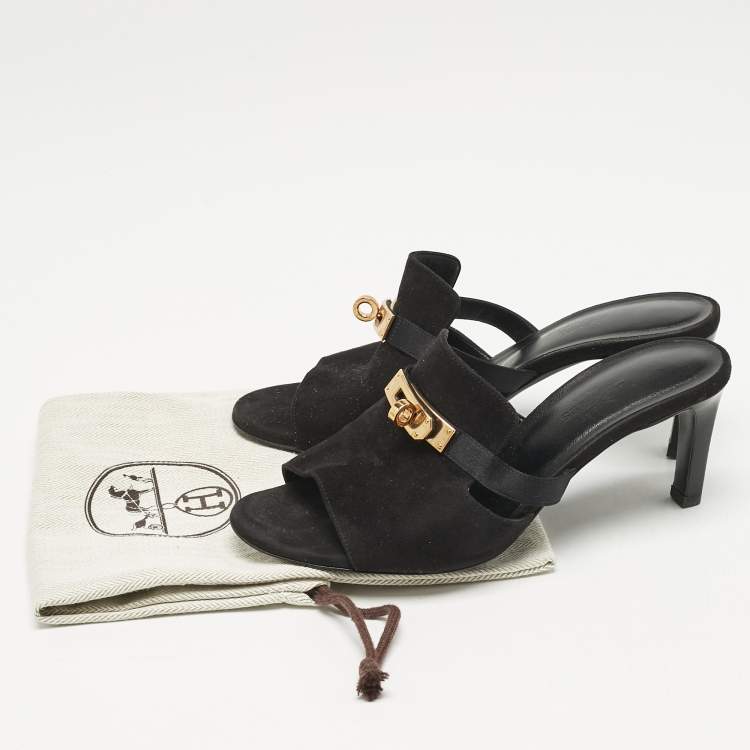 Pre Owned Hermes Black Suede Cute Mule Sandals Size 36