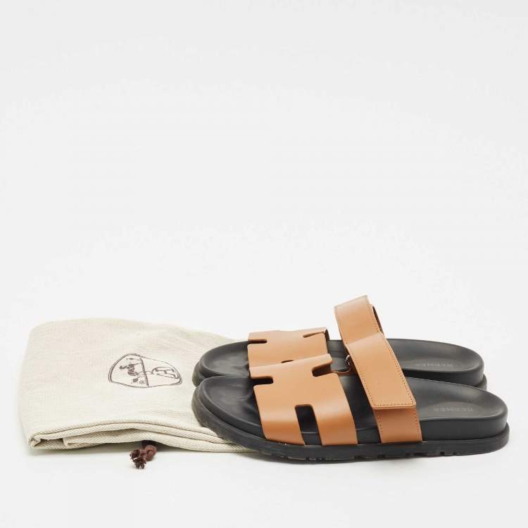 Pre Owned Hermes Brown Leather Chypre Flat Sandals Size 40