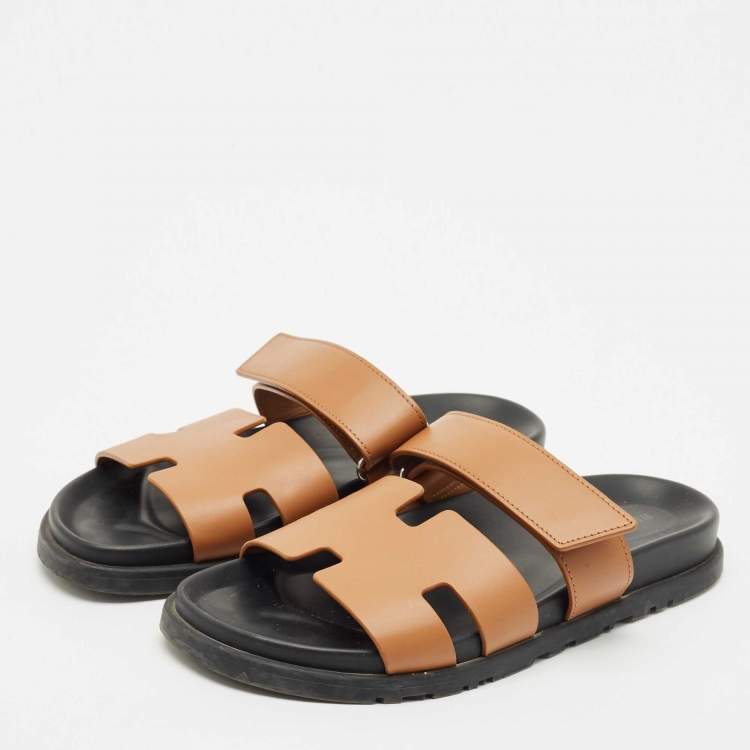 Pre Owned Hermes Brown Leather Chypre Flat Sandals Size 40