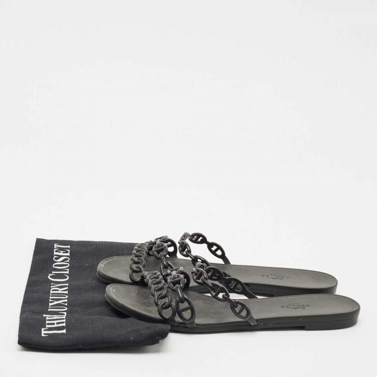 Pre Owned Hermes Black Jelly Chaine d'Ancre Rivage Slide Flats Size 38