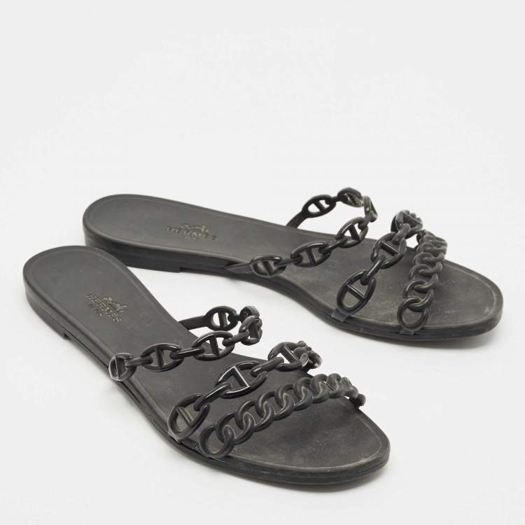 Pre Owned Hermes Black Jelly Chaine d'Ancre Rivage Slide Flats Size 38