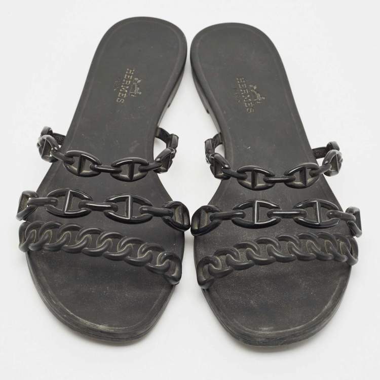 Pre Owned Hermes Black Jelly Chaine d'Ancre Rivage Slide Flats Size 38
