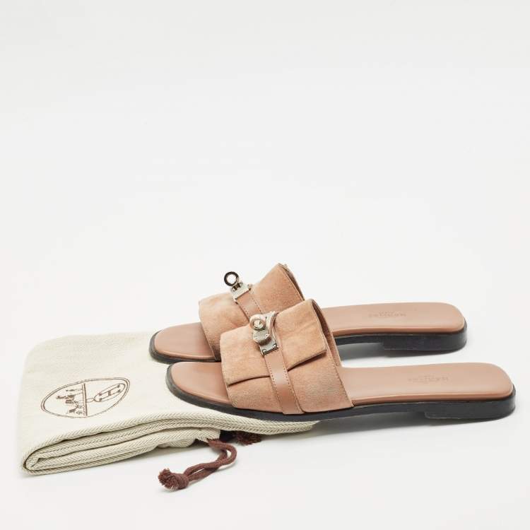 Pre Owned Hermes Light Brown Suede Giulia Flat Slides Size 38