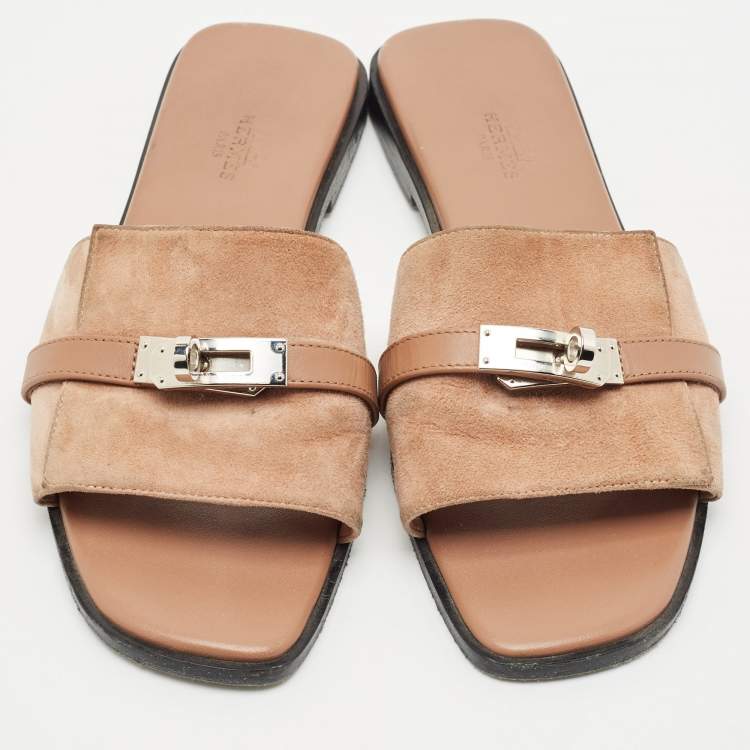 Pre Owned Hermes Light Brown Suede Giulia Flat Slides Size 38