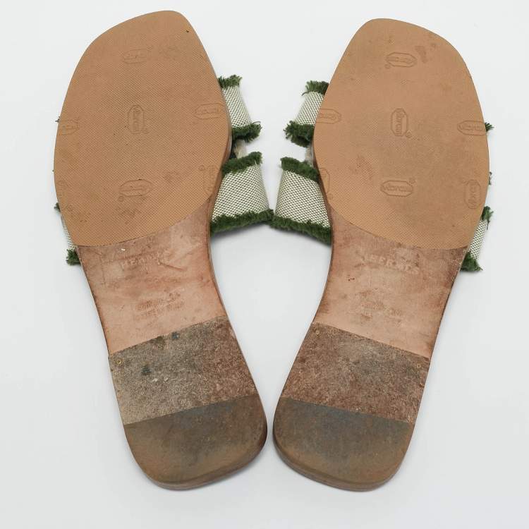 Pre Owned Hermes Green/Off White Canvas Fringe Oran Flat Slide Sandals Size 38