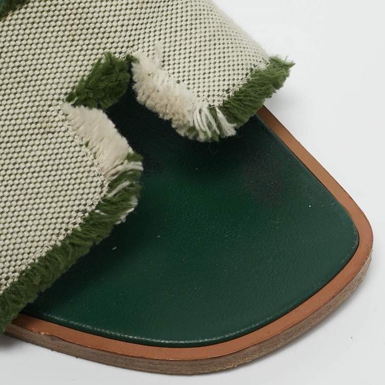 Pre Owned Hermes Green/Off White Canvas Fringe Oran Flat Slide Sandals Size 38