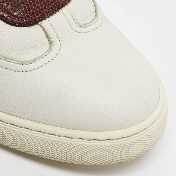 Pre Owned Hermes White/Burgundy Leather and Lizard Quicker Low Top Sneakers Size 40