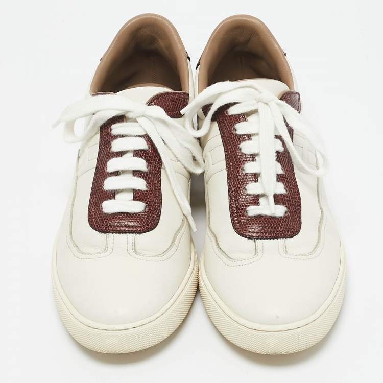 Pre Owned Hermes White/Burgundy Leather and Lizard Quicker Low Top Sneakers Size 40
