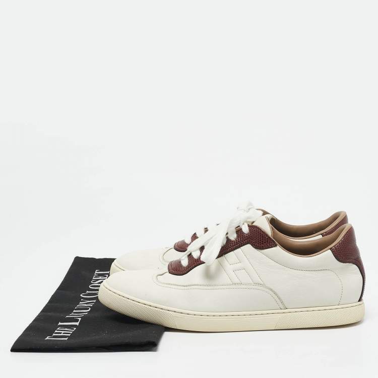 Pre Owned Hermes White/Burgundy Leather and Lizard Quicker Low Top Sneakers Size 40