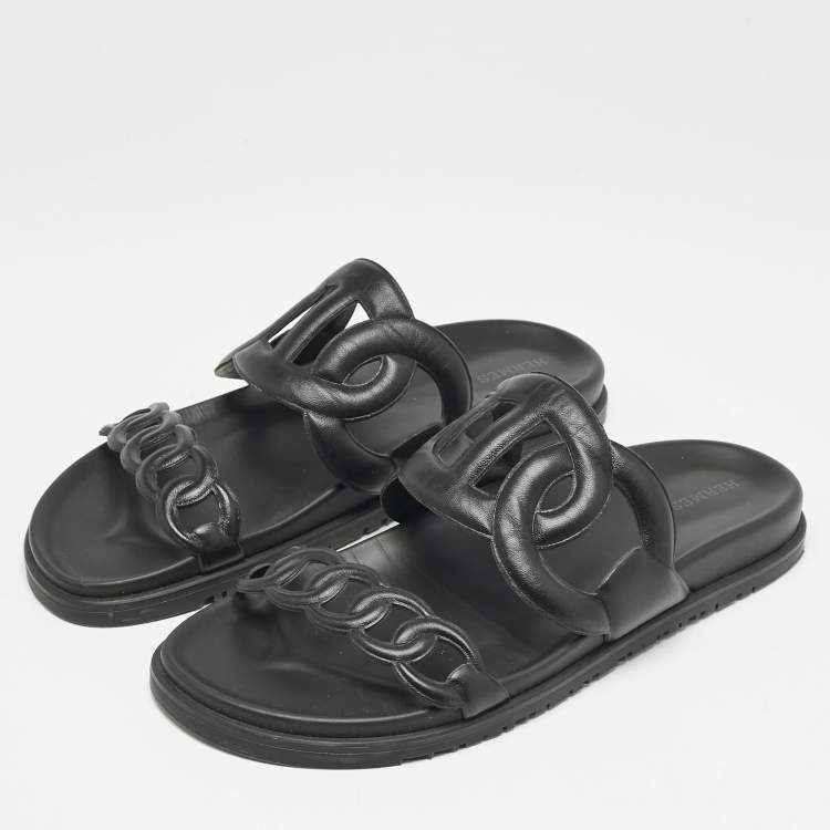 Pre Owned Hermes Black Leather Extra Sandals Size 41