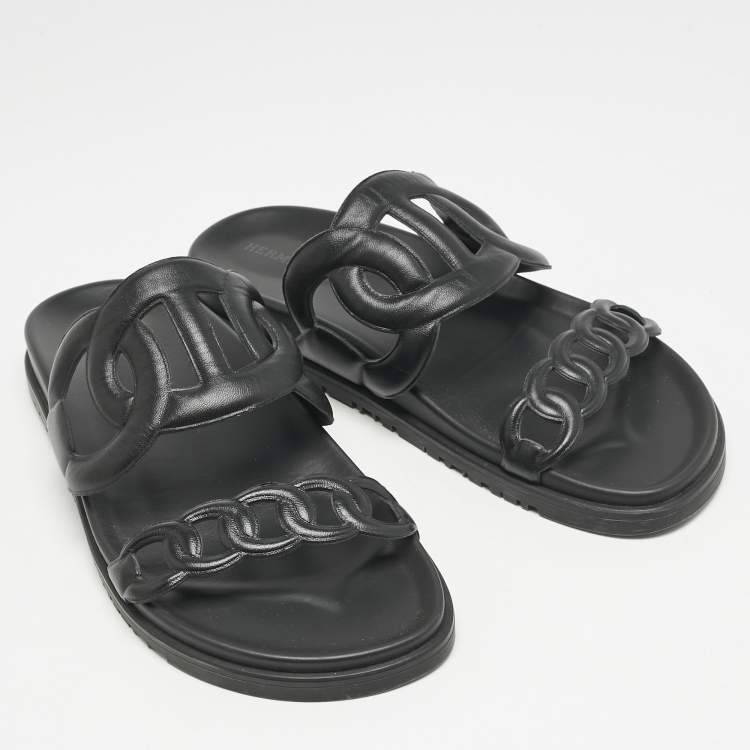 Pre Owned Hermes Black Leather Extra Sandals Size 41