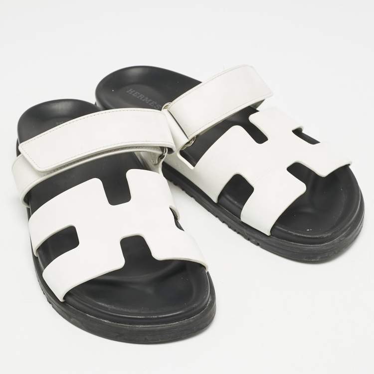 Pre Owned Hermes White Leather Chypre Flat Sandals Size 38