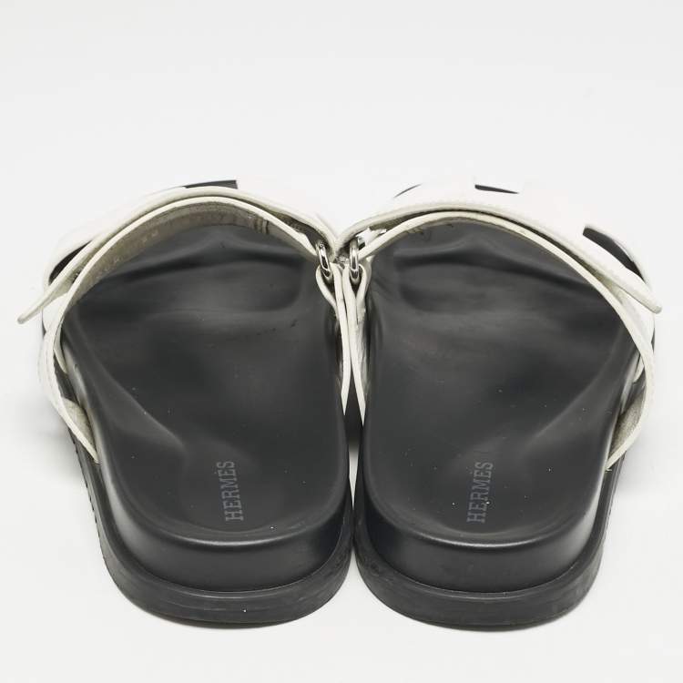 Pre Owned Hermes White Leather Chypre Flat Sandals Size 38
