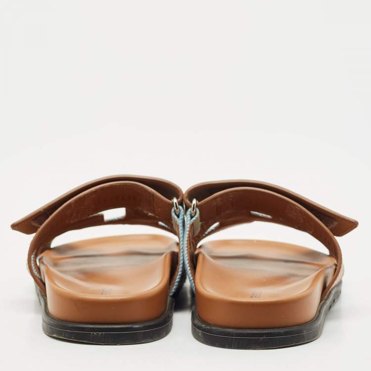 Pre Owned Hermes Brown Denim and Leather Chypre Flat Sandals Size 38