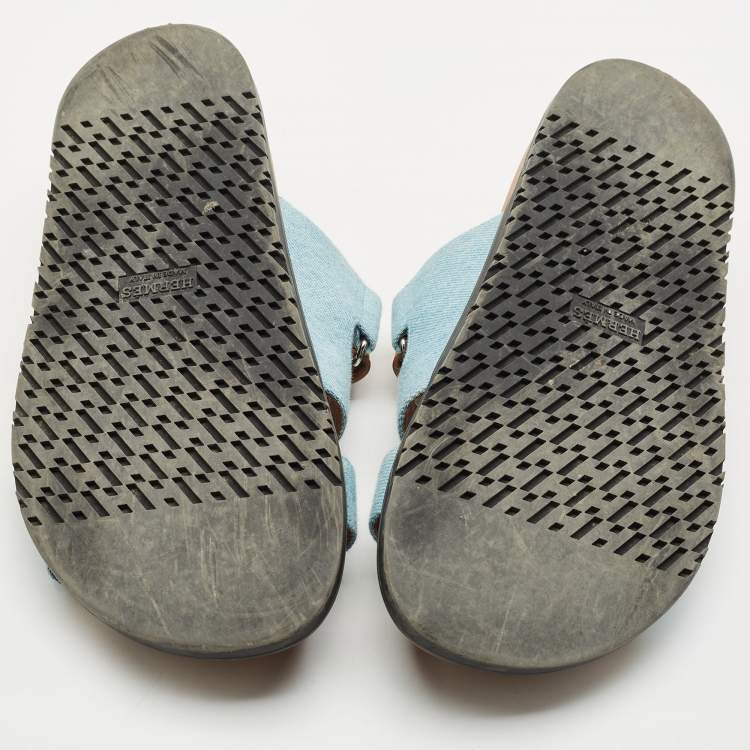Pre Owned Hermes Brown Denim and Leather Chypre Flat Sandals Size 38