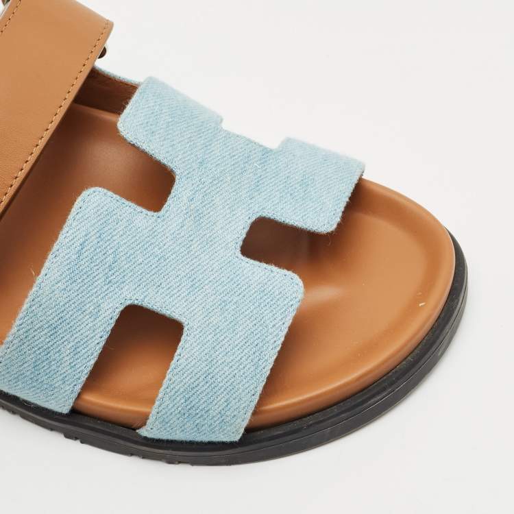 Pre Owned Hermes Brown Denim and Leather Chypre Flat Sandals Size 38