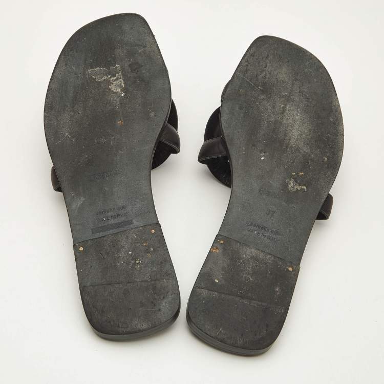 Pre Owned Hermes Black Leather Aloha Flat Slides Size 37