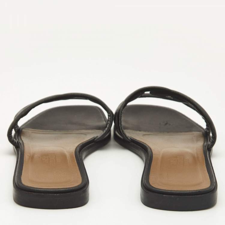 Pre Owned Hermes Black Leather Aloha Flat Slides Size 37