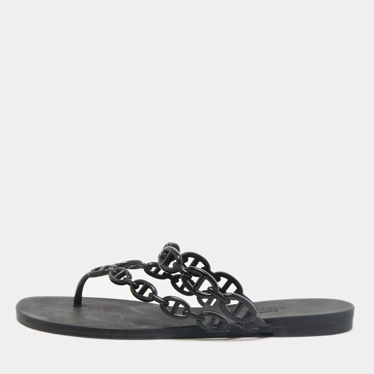 Pre Owned Hermes Black Rubber Island Flat Sandals Size 38