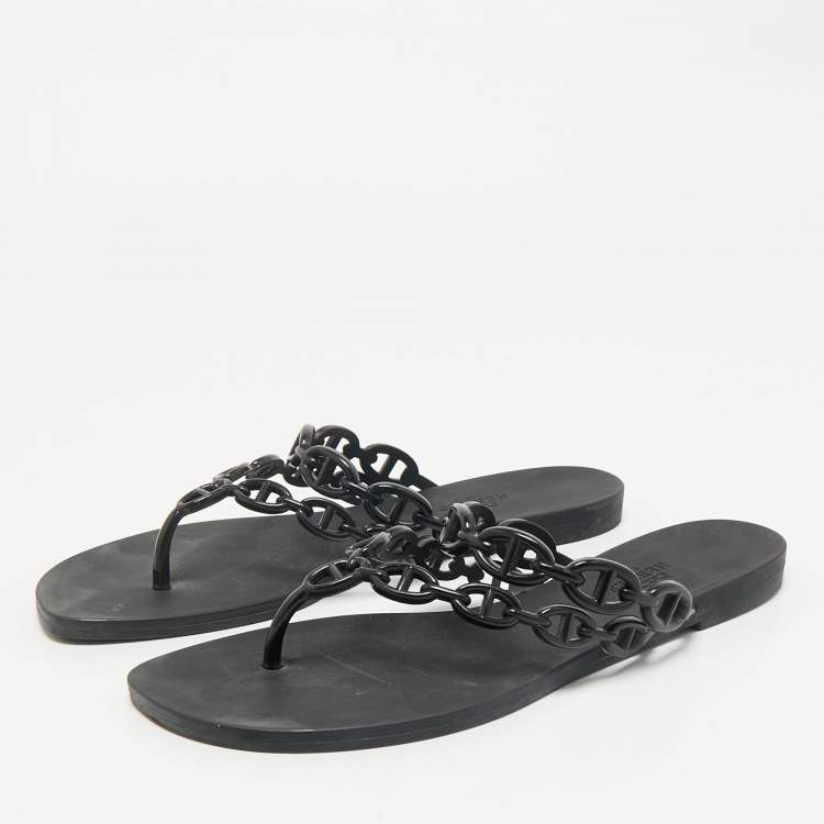 Pre Owned Hermes Black Rubber Island Flat Sandals Size 38