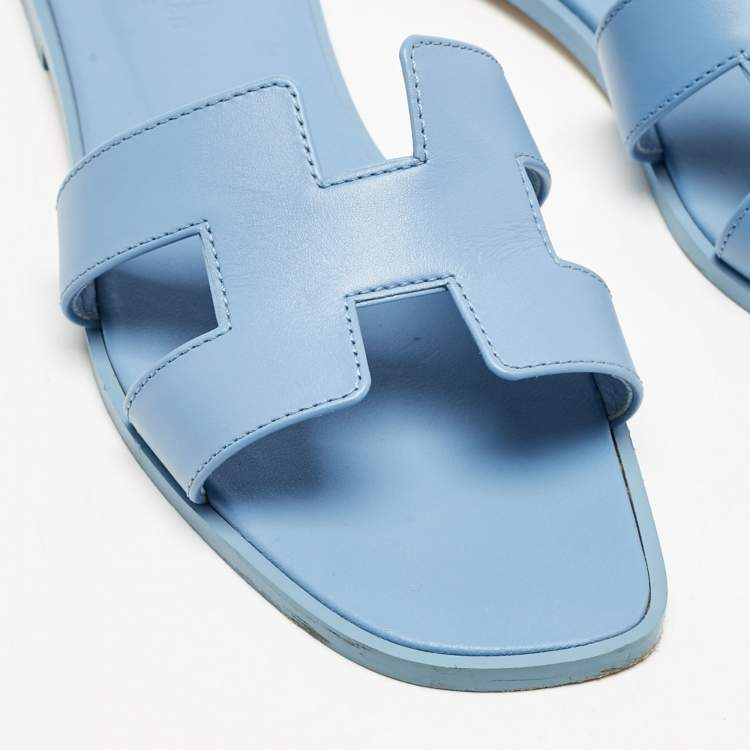 Pre Owned Hermes Blue Leather Oran Flat Slide Sandals Size 38.5
