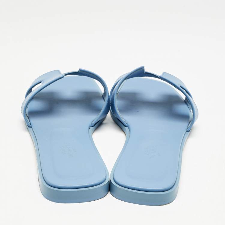 Pre Owned Hermes Blue Leather Oran Flat Slide Sandals Size 38.5