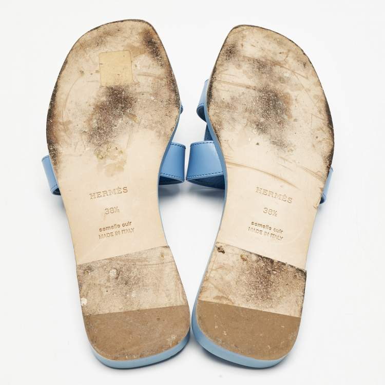 Pre Owned Hermes Blue Leather Oran Flat Slide Sandals Size 38.5