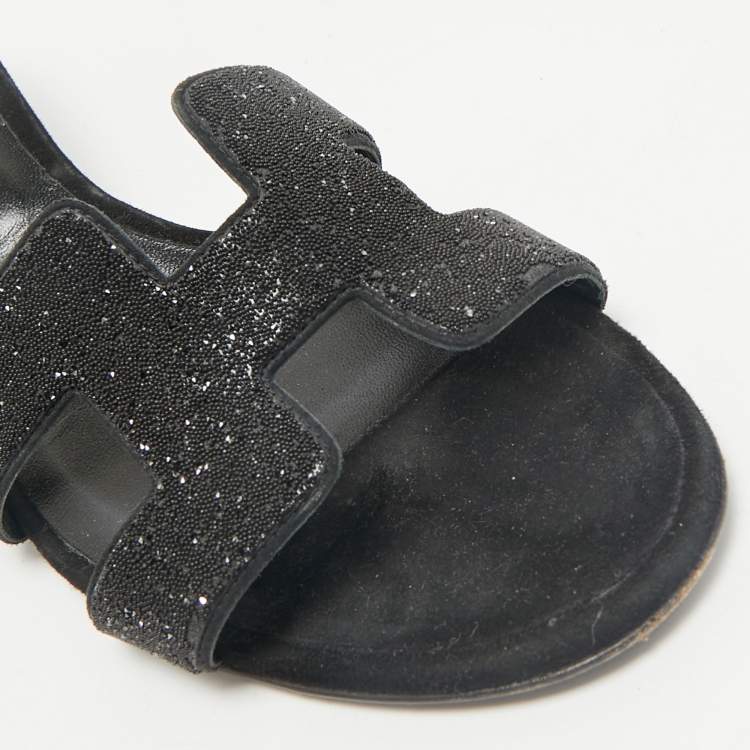 Pre Owned Hermes Black Glitter Suede Oasis Slide Sandals Size 38.5