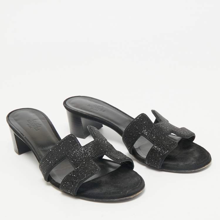 Pre Owned Hermes Black Glitter Suede Oasis Slide Sandals Size 38.5