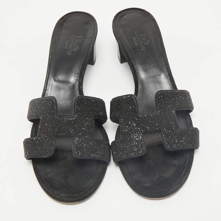 Pre Owned Hermes Black Glitter Suede Oasis Slide Sandals Size 38.5