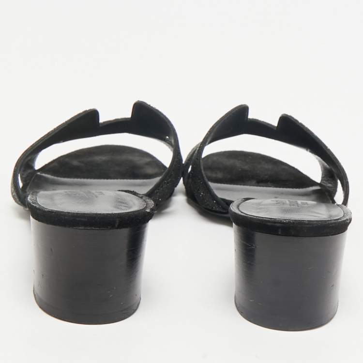 Pre Owned Hermes Black Glitter Suede Oasis Slide Sandals Size 38.5