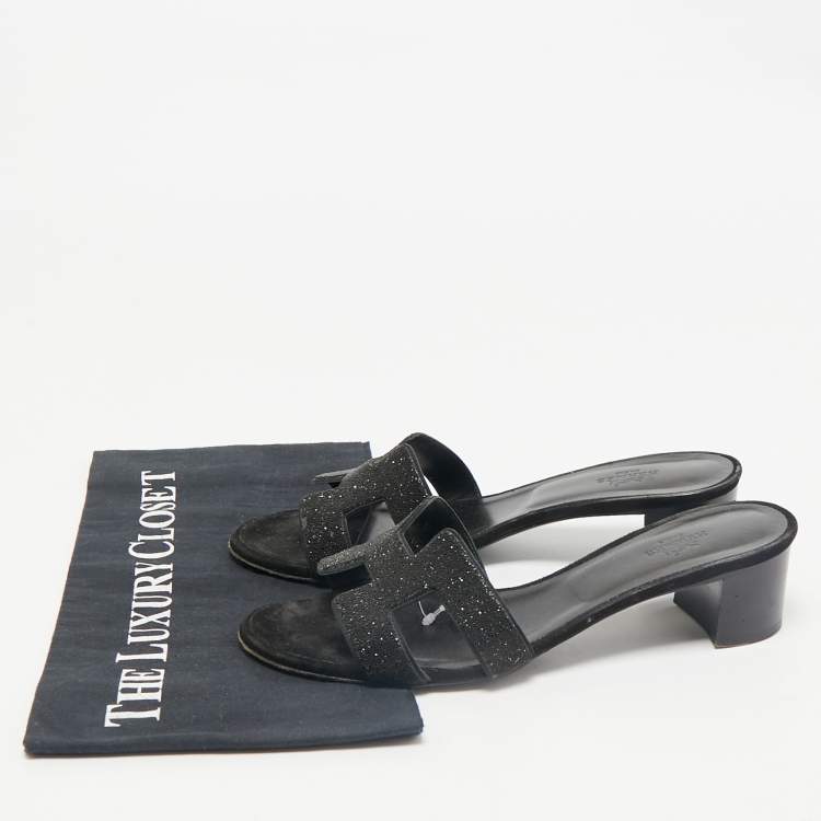 Pre Owned Hermes Black Glitter Suede Oasis Slide Sandals Size 38.5