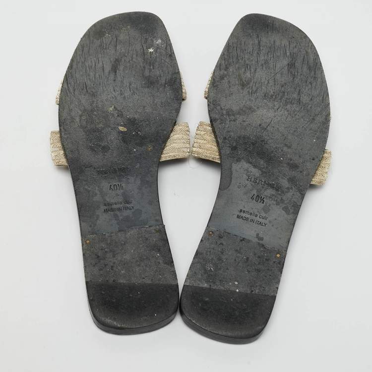 Pre Owned Hermes Gold Twisted Metal Thread Oran Flat Slides Size 40.5