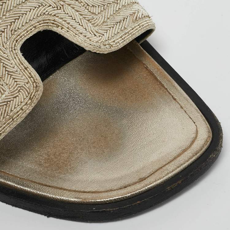 Pre Owned Hermes Gold Twisted Metal Thread Oran Flat Slides Size 40.5
