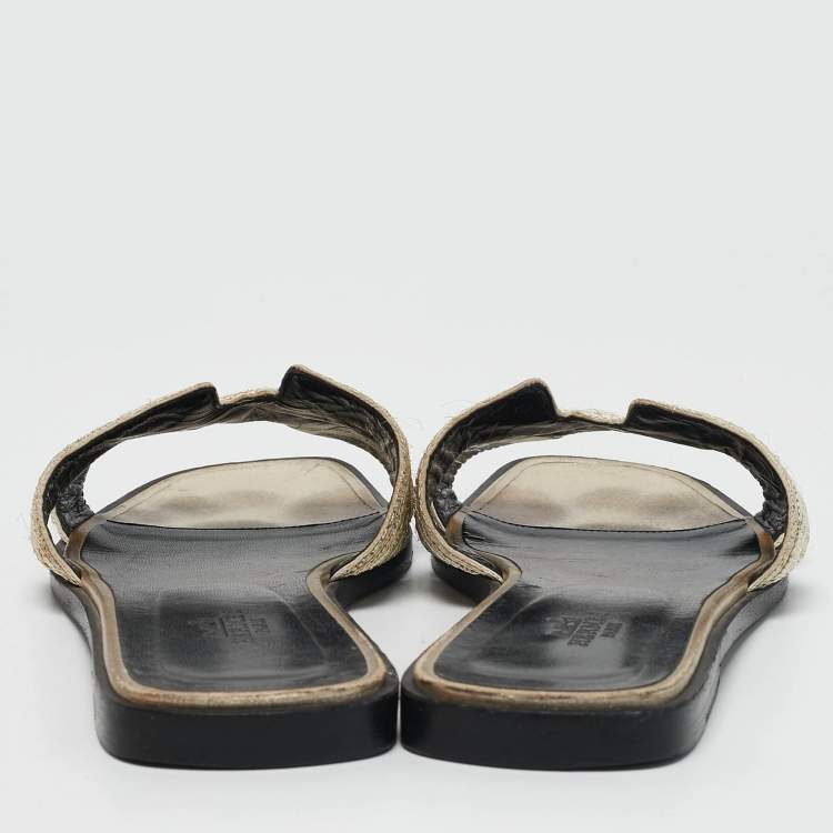 Pre Owned Hermes Gold Twisted Metal Thread Oran Flat Slides Size 40.5