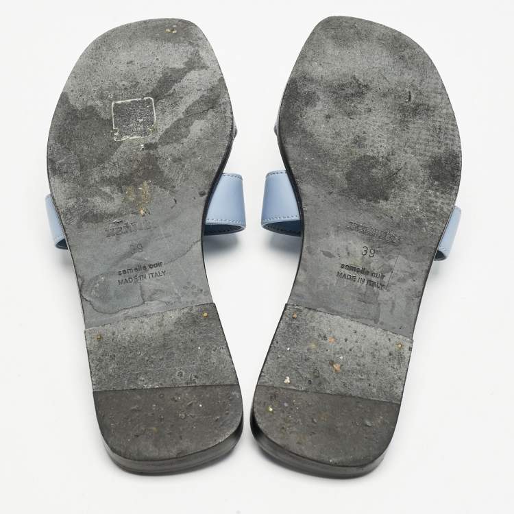 Pre Owned Hermes Blue Leather Oran Flat Slides Size 39