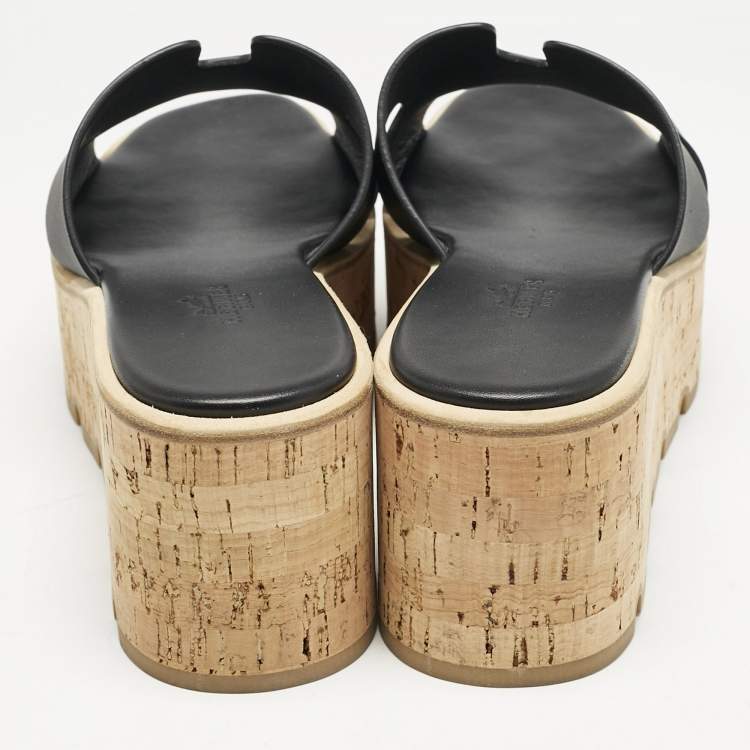 Pre Owned Hermes Black Leather Eze Platform Cork Wedge Sandals Size 38