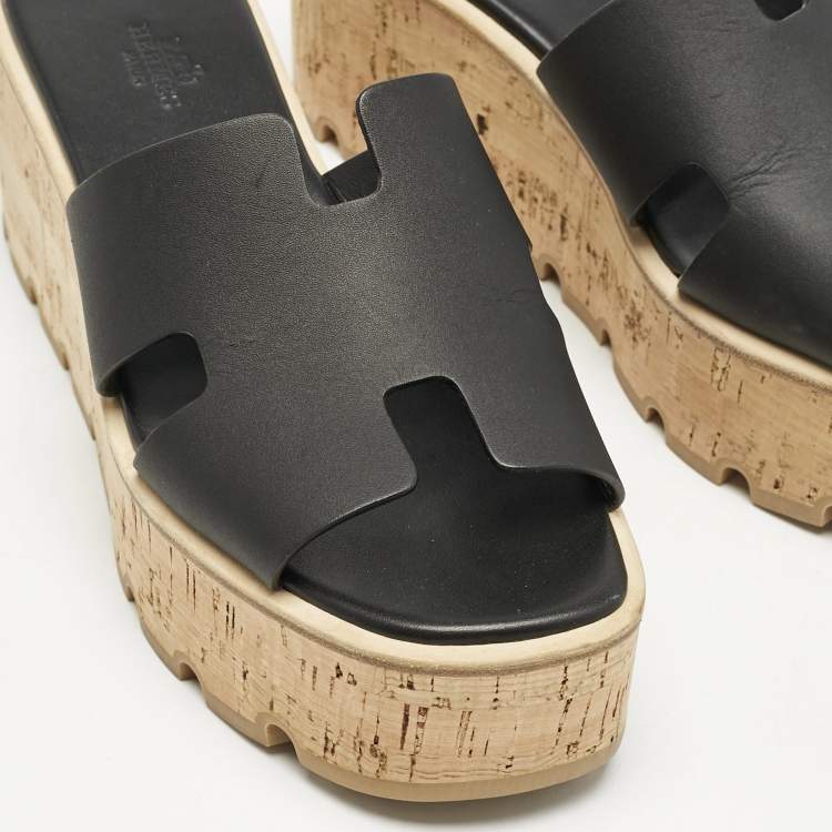 Pre Owned Hermes Black Leather Eze Platform Cork Wedge Sandals Size 38