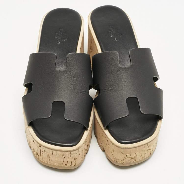 Pre Owned Hermes Black Leather Eze Platform Cork Wedge Sandals Size 38