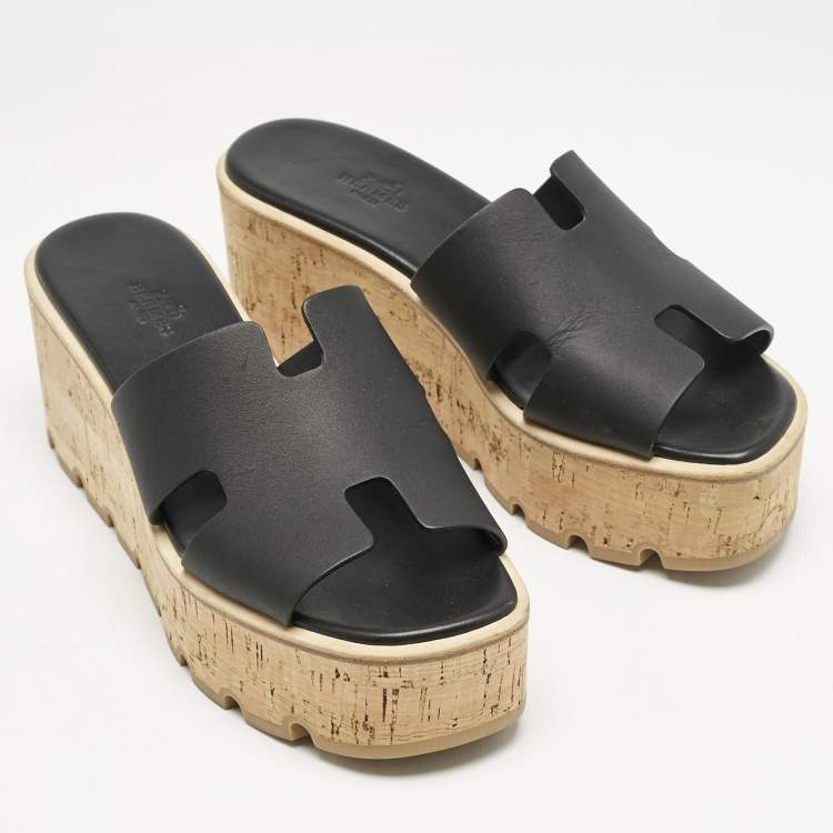 Pre Owned Hermes Black Leather Eze Platform Cork Wedge Sandals Size 38