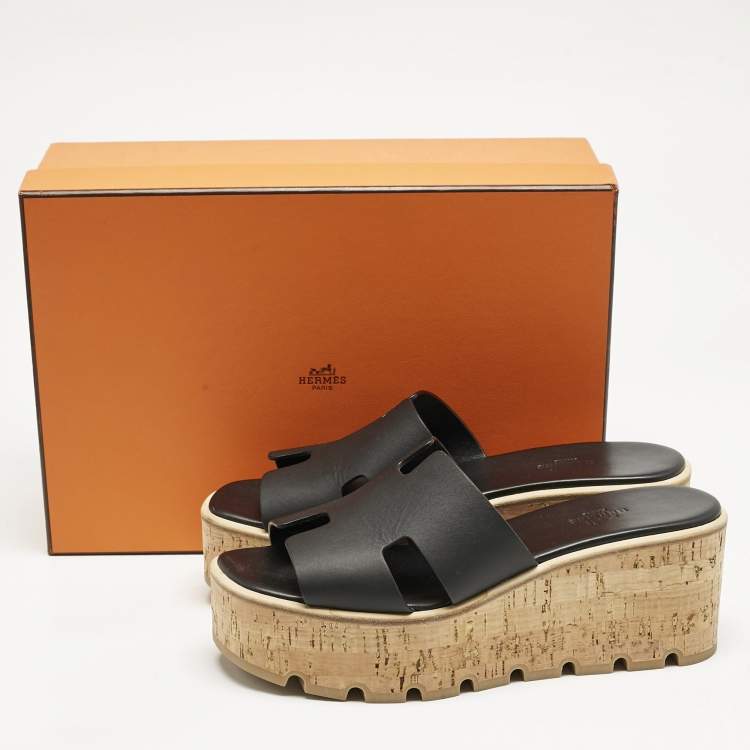 Pre Owned Hermes Black Leather Eze Platform Cork Wedge Sandals Size 38