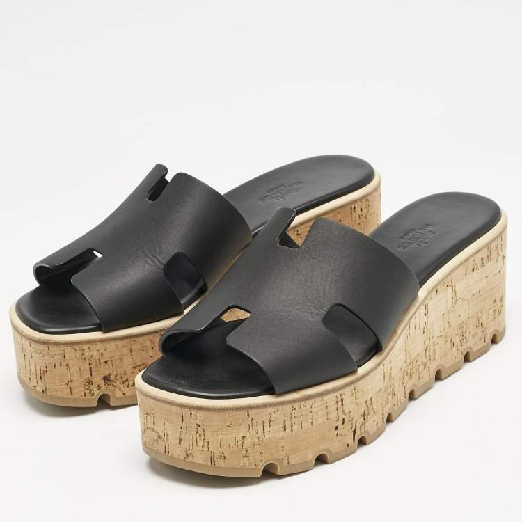 Pre Owned Hermes Black Leather Eze Platform Cork Wedge Sandals Size 38