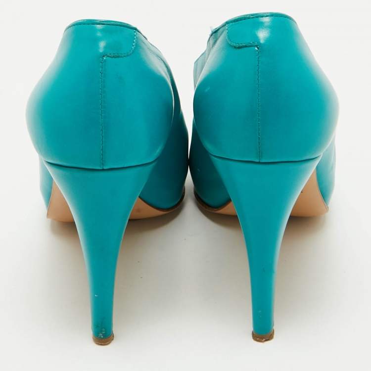 Pre Owned Hermes Blue Leather V-Neck Peep Toe Platform Pumps Size 38.5