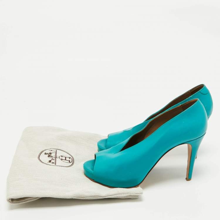 Pre Owned Hermes Blue Leather V-Neck Peep Toe Platform Pumps Size 38.5
