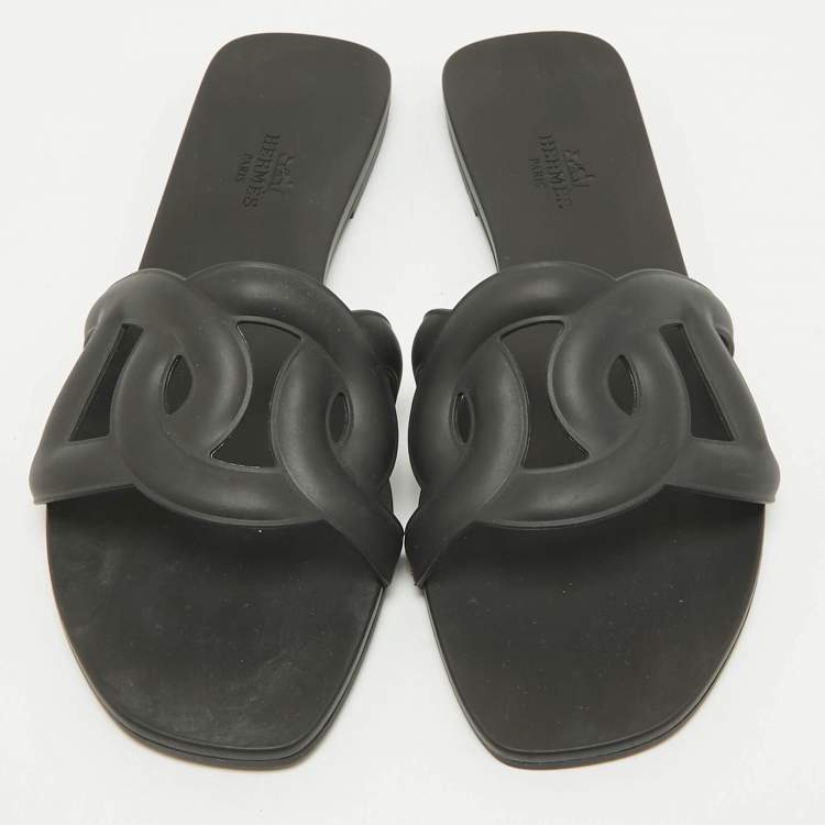 Pre Owned Hermes Black Rubber Aloha Flat Slides Size 38